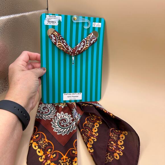 NWT Piper K Hair Scarf and Brooch Purse Scarf Brown Patterned Square 26 x 26 in - Picture 5 of 6